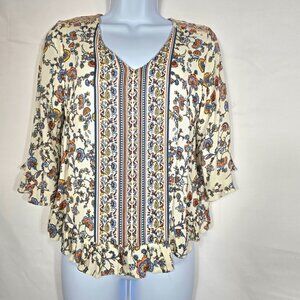 Cynthia Rowley Womens Floral Top Sz S Ruffles 3/4 Sleeves Boho Coquette